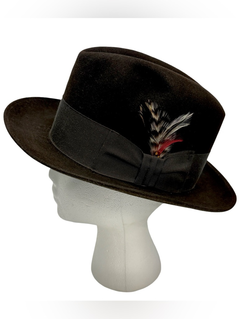 Flechet Classic Vintage Brown Fedora Hat with Feather Trim